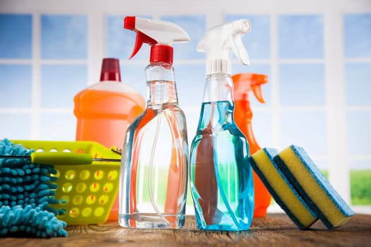 Set of cleaning products, equipment background