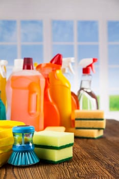 Variety of cleaning products, equipment background