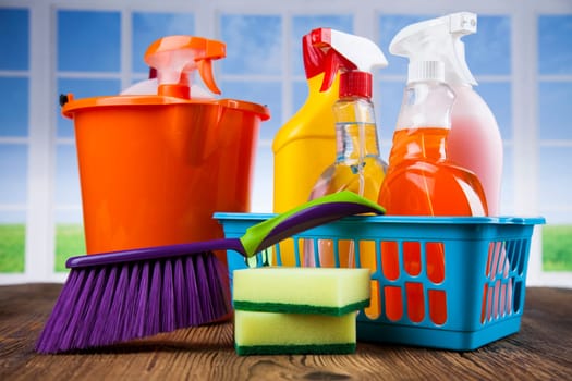 Variety of cleaning products, equipment background