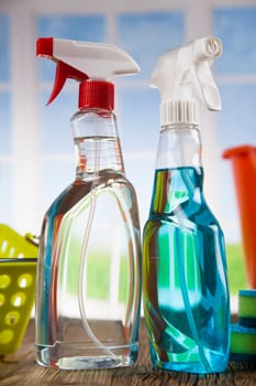 Variety of cleaning products, equipment background