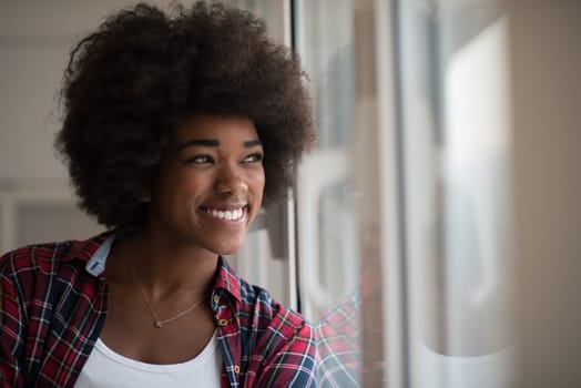 portrait of a young beautiful African American woman with curly hair near the window