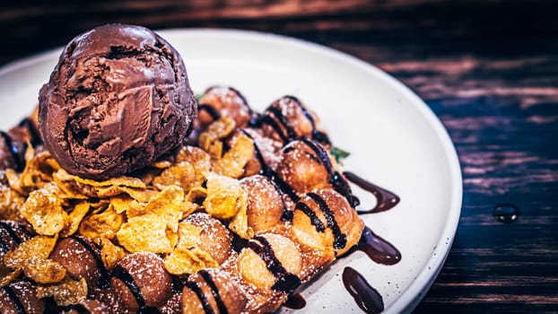 tasty pancakes with chocolate ice cream crispy waffle whipped cream with brownies cherry almond and chocolate syrup on top with corn-flex . summer holiday dessert Menu for kid  .