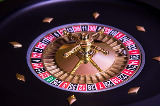 Roulette wheel in motion in a casino background