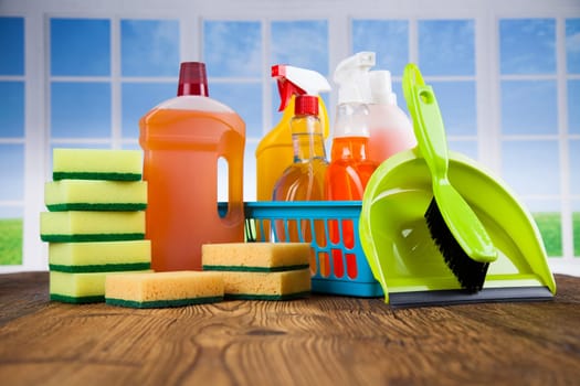 Set of cleaning products, equipment background