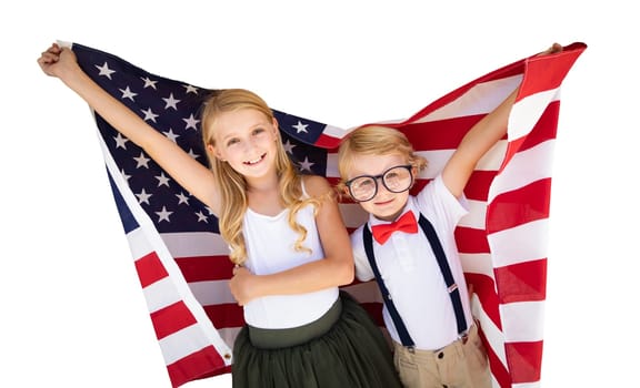 Cute Young Cuacasian Boy and Girl Holding American Flag Isolated On White Background.