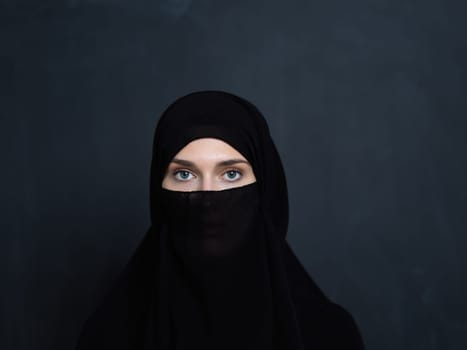 Portrait of muslim woman wearing niqab and traditional arabic clothes or abaya. Arab woman representing modern arabic lifestyle, islamic fashion and Ramadan kareem concept