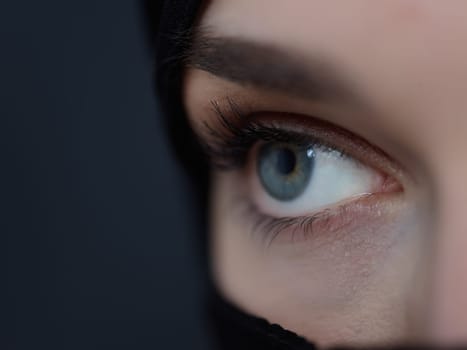 Portrait of muslim woman wearing niqab and traditional arabic clothes or abaya. Arab woman representing modern arabic lifestyle, islamic fashion and Ramadan kareem concept