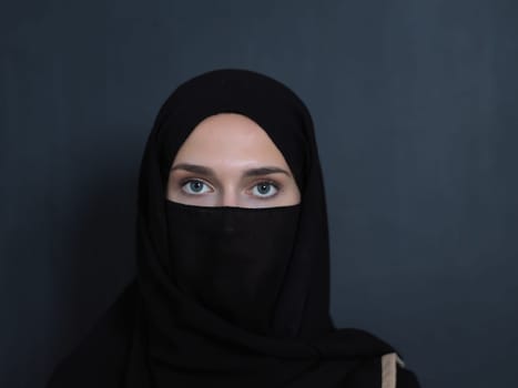 Portrait of muslim woman wearing niqab and traditional arabic clothes or abaya. Arab woman representing modern arabic lifestyle, islamic fashion and Ramadan kareem concept