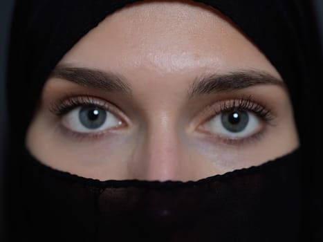 Portrait of muslim woman wearing niqab and traditional arabic clothes or abaya. Arab woman representing modern arabic lifestyle, islamic fashion and Ramadan kareem concept