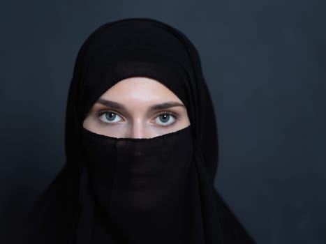 Portrait of muslim woman wearing niqab and traditional arabic clothes or abaya. Arab woman representing modern arabic lifestyle, islamic fashion and Ramadan kareem concept