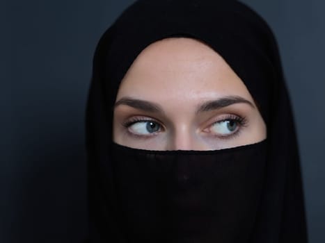 Portrait of muslim woman wearing niqab and traditional arabic clothes or abaya. Arab woman representing modern arabic lifestyle, islamic fashion and Ramadan kareem concept
