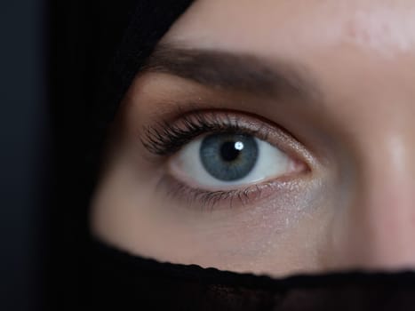 Portrait of muslim woman wearing niqab and traditional arabic clothes or abaya. Arab woman representing modern arabic lifestyle, islamic fashion and Ramadan kareem concept
