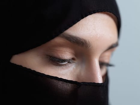 Portrait of muslim woman wearing niqab and traditional arabic clothes or abaya. Arab woman representing modern arabic lifestyle, islamic fashion and Ramadan kareem concept