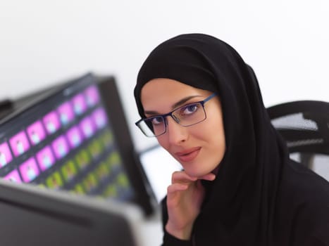 Portrait of young muslim female graphic designer with glasses. Hijab girl with the two monitors in background showing her work. Technology concept