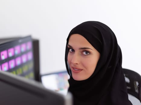 Portrait of young muslim female graphic designer. Hijab girl with the two monitors in background showing her work. Technology concept