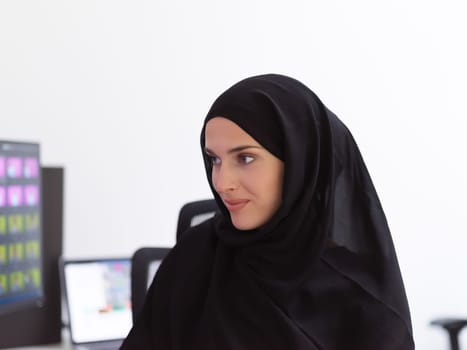 Portrait of young muslim female graphic designer. Hijab girl with the two monitors in background showing her work. Technology concept