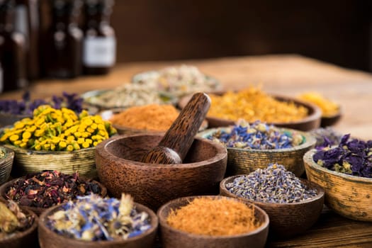 Natural remedy, healing herbs background
