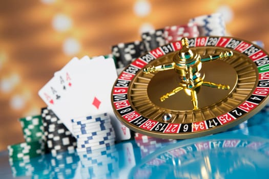Casino roulette, running in a motion, Poker Chips
