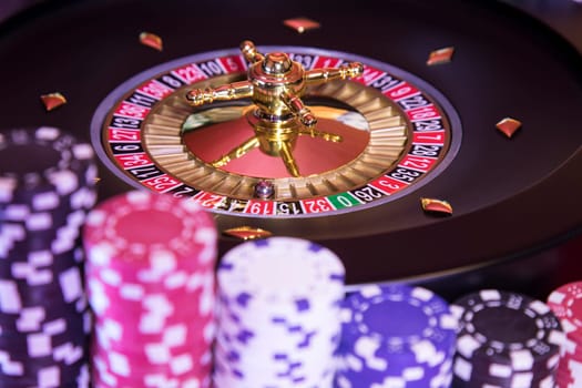 Casino roulette, running in a motion, Poker Chips