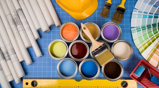 Paint cans palette,paintbrush, Creativity concept