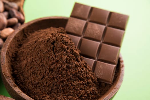 Cocoa pod and chocolate bar and food dessert background