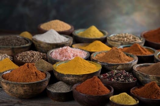 Spices and herbs in wooden bowl Colorful spices