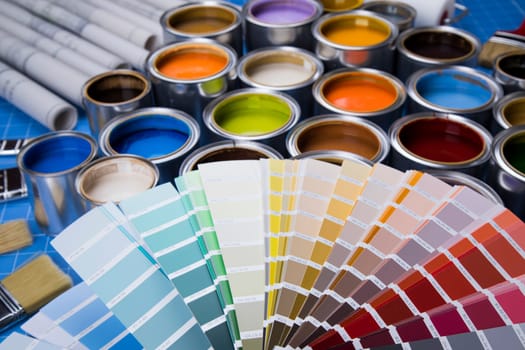 Palette of paint samples and paintbrush
