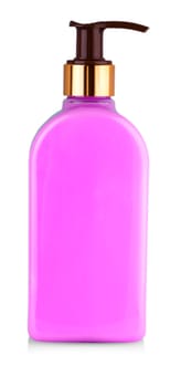 The close up Isolated full bottle of pink liquid soap for hands
