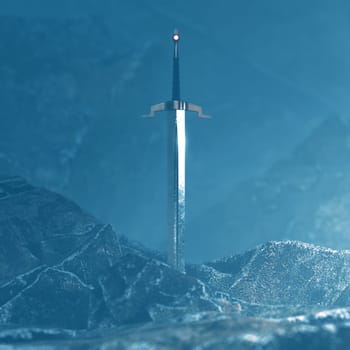 3d render of a sword in the stone with a surreal background.