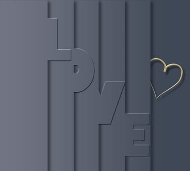 Love Valentine card, modern style, 3D text LOVE and symbol of love gold heart on grey pastel background. Trendy elegant design, place for text. 3D rendering