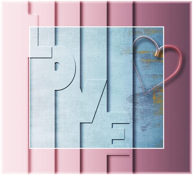 Love Valentine card, modern style, 3D text LOVE and symbol of love gold heart on grey pink pastel background. Trendy elegant design, place for text. 3D rendering