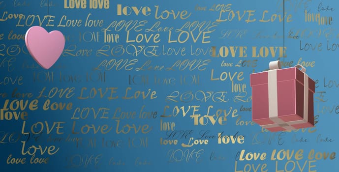 Gold multiple words LOVE on blue background, 3D gift box and pink heart. Valentines, birthday, mothers day background, 3D illustration