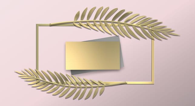 Botanical background. Abstract floral design in gold pink colour. Modern leaves design with frame for mock up. Horizontal 3D illustration