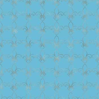 seamless golden lily fleur-de-lis pattern on turquoise blue background. Luxury design, print, poster, wallpaper, gift wrapping. blue seamless background with lily fleur de lis for print fabric or poster 3D illustration