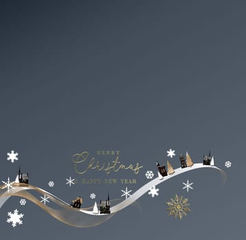 Christmas New Year card. Minimalist Christmas winter night landscape with houses, gold Xmas trees pine fir, snowflakes on grey background. Text Merry Christmas Happy New Year. Winter holiday design