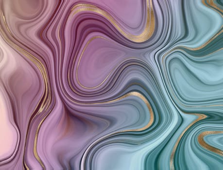 Pastel abstract marble agate fluid background with golden veins. Abstract marbling agate texture, shiny gold curves background. Horizontal fluid pastel marbling effect. Illustration
