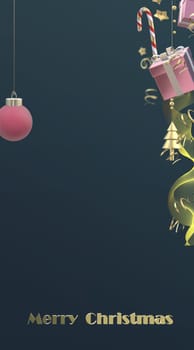 Vertical Christmas holiday banner, border, menu. Corporate vertical card. Xmas gift boxes, ball baubles over dark blue. Gold text Merry Christmas. 3D illustration