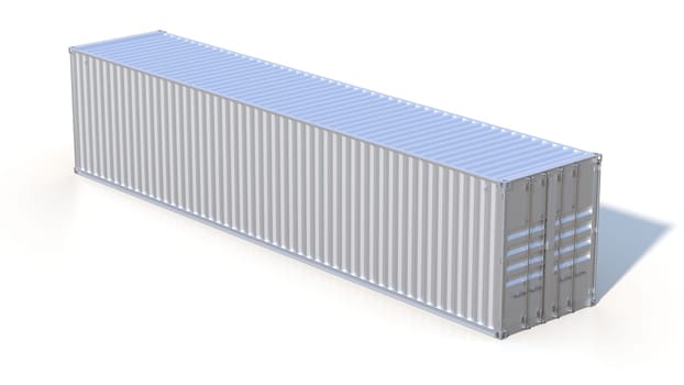 Ship cargo container 40 feet length. Grey metallic freight box with shadow isolated on white background. Marine olgistics, harbor warehouse, customs, transport shipping concept. 3D illustration