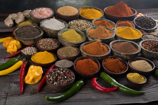 Aromatic spices on wooden background