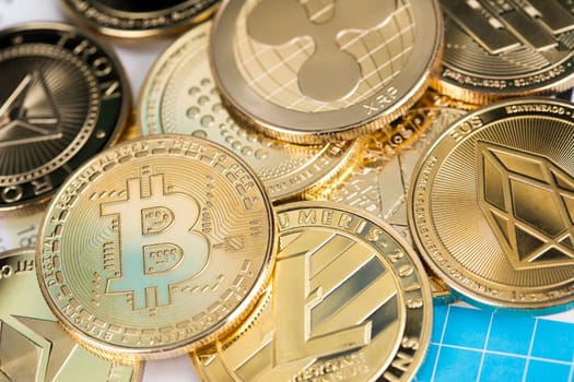 Cryptocurrencys new digital money, Bitcoin, litecoin, etherium coins close up