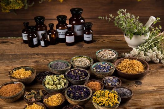 Alternative medicine, dried herbs background