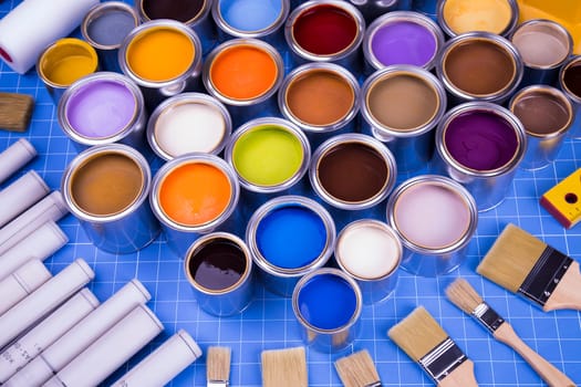 Paint cans palette,paintbrush, Creativity concept