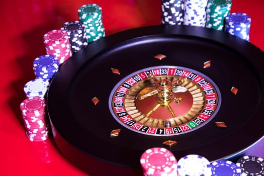 Casino roulette, running in a motion, Poker Chips