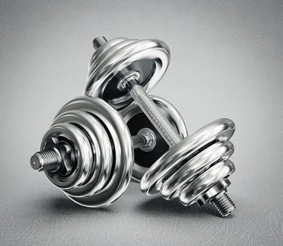 steel dumbbells isolated on a grey background