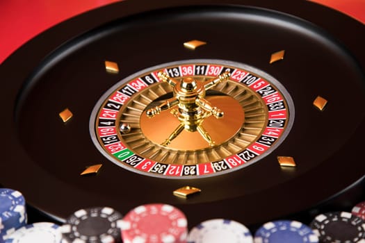 Casino roulette, running in a motion, Poker Chips