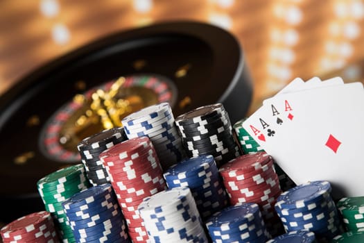 Roulette wheel running in a casino, Poker Chips