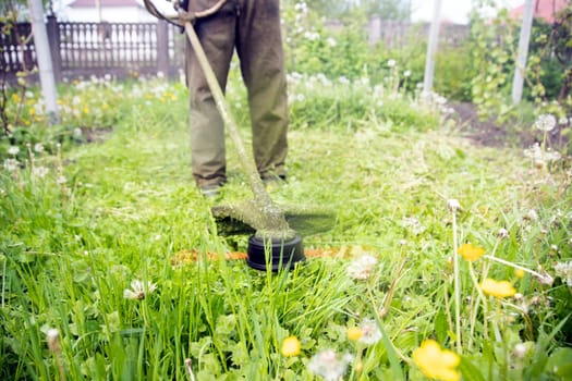 Mowing the grass with a lawn mower. Garden work concept background.
