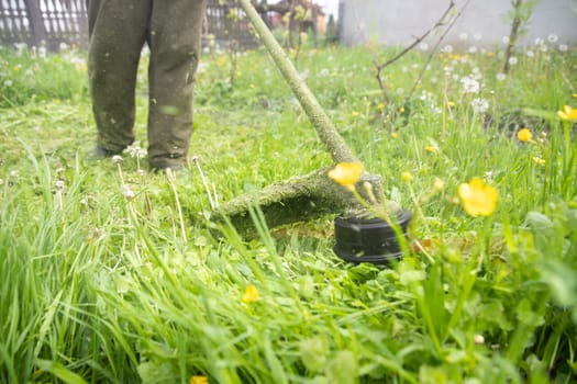 Mowing the grass with a lawn mower. Garden work concept background.