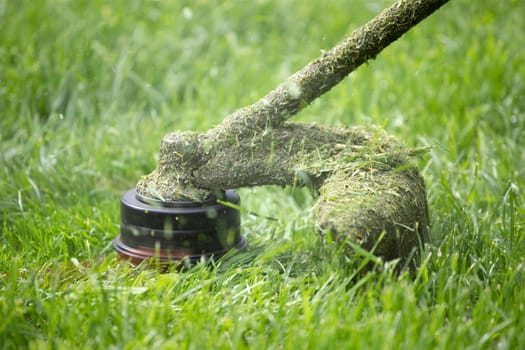 Mowing the grass with a lawn mower. Garden work concept background.
