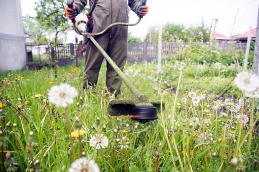 Mowing the grass with a lawn mower. Garden work concept background.